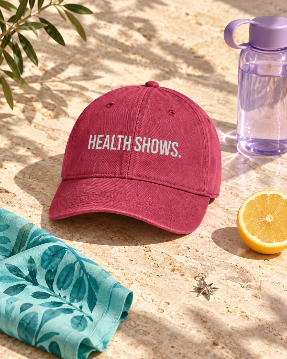 Crimson HEALTH SHOWS. embroidered washed cotton dad hat in a colorful editorial flat lay